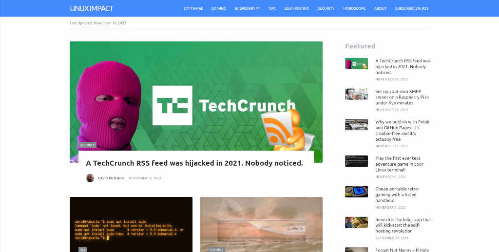 The Current Linux Impact homepage featuring a story about TechCrunch RSS feeds