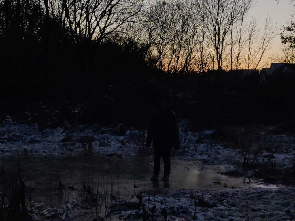 A person standing on Ice in low light, surrounded by trees