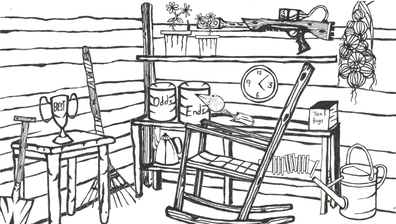 A black and white drawing of the interior of an allotment shed