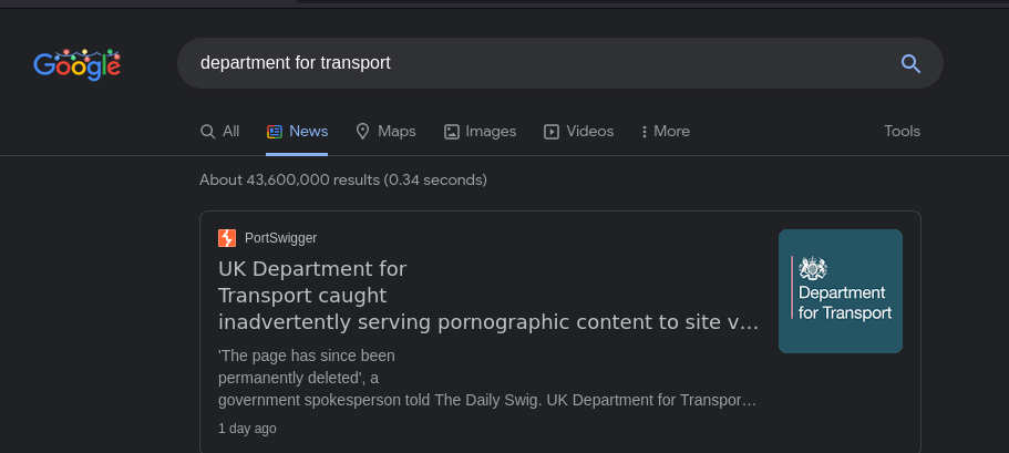 Google News results for Department for Transport are less than savoury thanks to yours truly