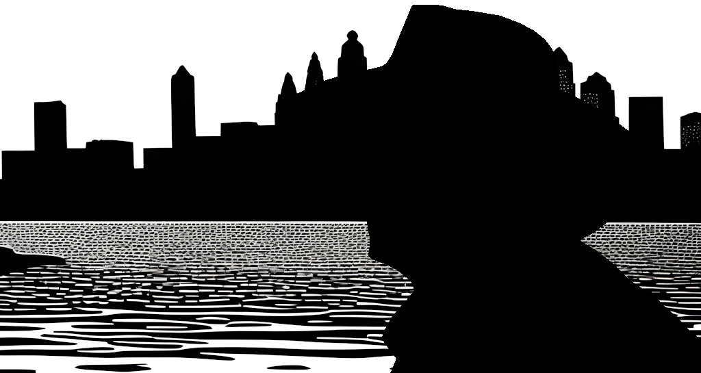 Silhouette of a man in a fedora against a linoprint backdrop of a city and river