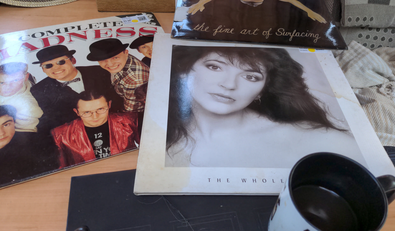 A collection of album sleeves as named above, on a wooden caravan surface